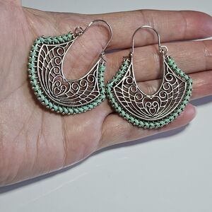 Elegant Boho Gypsy Ethnic Green Dangle Drop Charm Earrings Sterling Silver